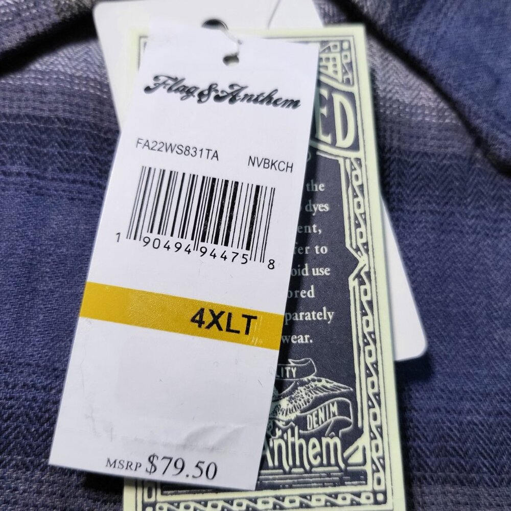 NWT FLAG & ANTHEM Indigo Dyed Pearl Snap Western Plaid Button Up 4XLT - Picture 2 of 12